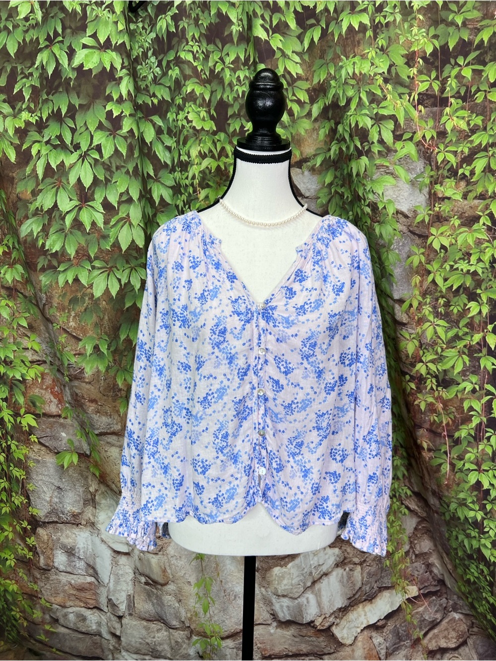 RAILS Blush and Blue Ruffle Cuff Button Front Floral Cottagecore Blouse, XXL - Picture 2 of 12